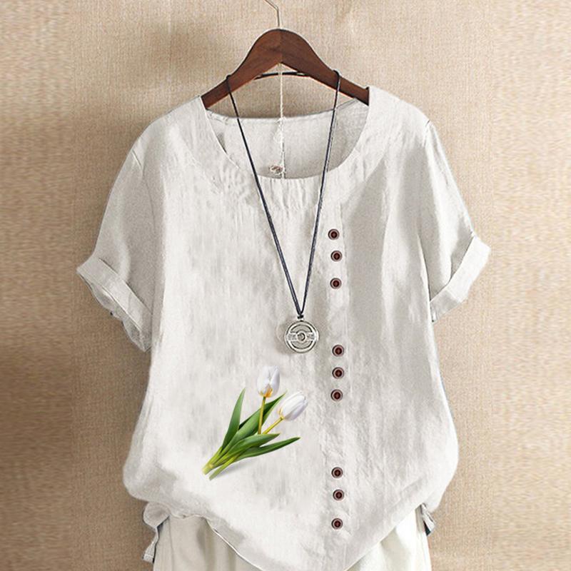 Women's Fashion Round Neck Short Sleeve T-shirt Casual Cotton Linen Graphic Shirt Leisure Loose Tulips Prined Summer Blouse Tops
