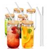 Trendy Mason Jar Tumbler Glass Straw Cup with Wood Lid for Cold Drinks 500ml Borosilicate Cup for Soda & Bubble Tea