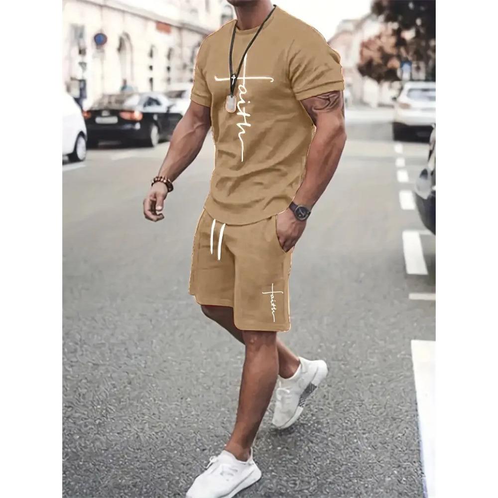 Мужская футболка и шорты, комплект, модный мужской костюм с коротким рукавом и принтом креста, комплект из двух предметов, большой размер, уличный пляжный спортивный мужской костюм больших размеров
