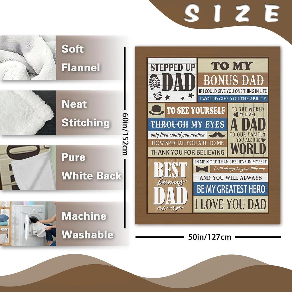 Bonus Dad Gift from Daughter Son Flannel Throw Blanket, for Stepped up Dad, Birthday Ideas for Men, Brown Soft Farmhouse Bedding Sofa Blankets