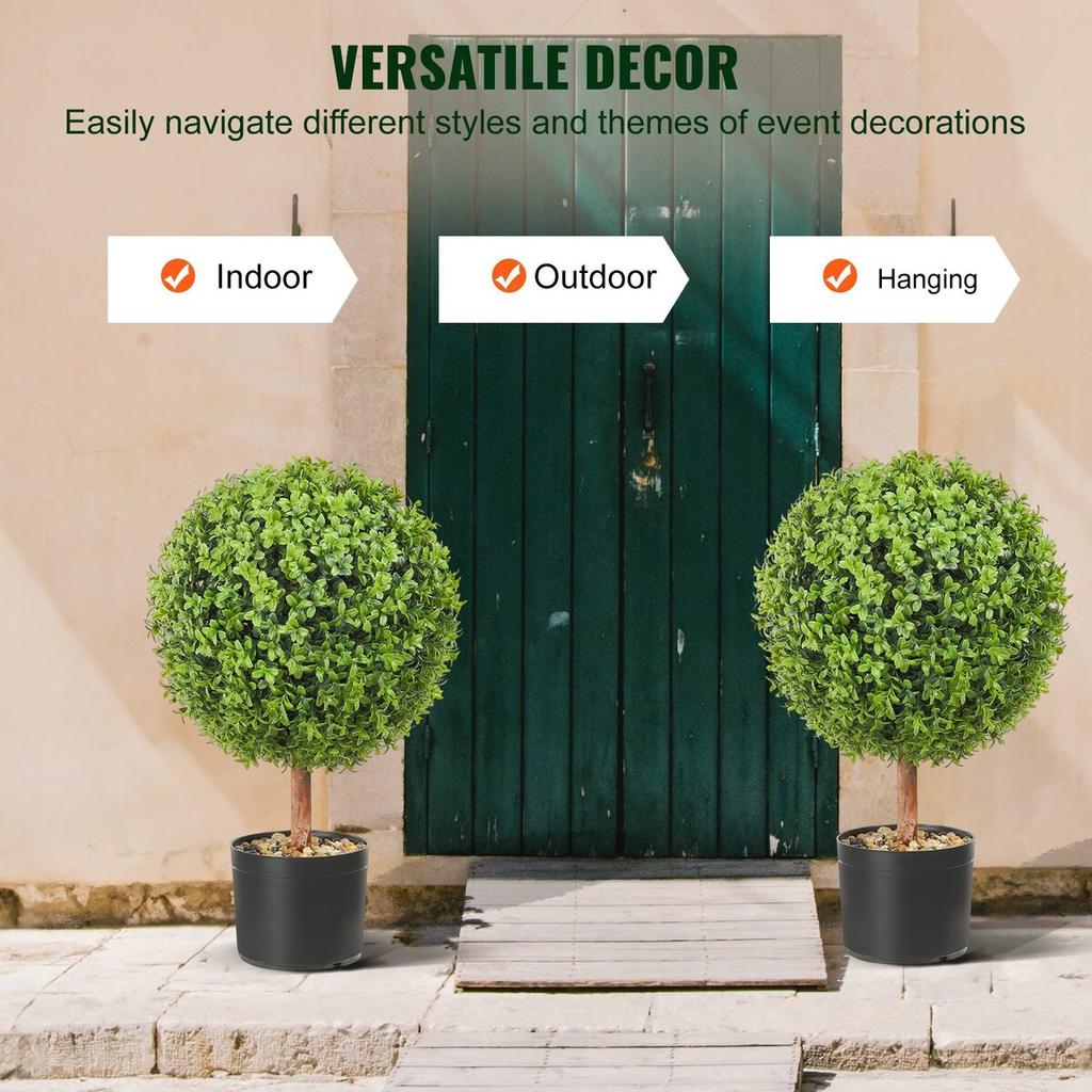 Artificial Topiaries Boxwood Trees, 24 inch Tall (2 Pieces), Ball-Shape Faux Topiaries Plant with Planters, Green Feaux Plant w/ Replaceable Leaves &
