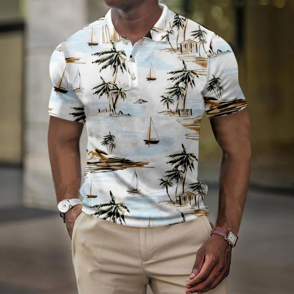 Men's Summer Hawaii Printed Golf Shirt Botton Short Sleeve Top Men's Casual Fashion Shirt