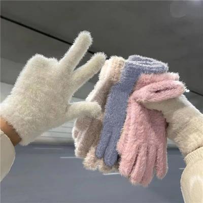 Женская мода зимние на открытом воздухе велосипедные перчатки из искусственного меха кролика бархатные перчатки с пятью пальцами