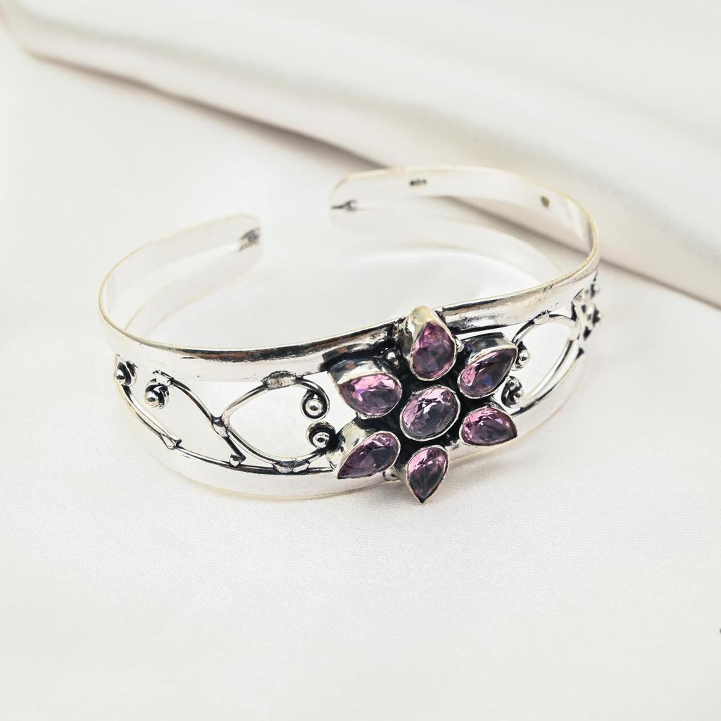 Розовый браслет из кунцита, изящные ювелирные изделия ручной работы, браслет-манжета из стерлингового серебра 925 пробы, регулируемый браслет, браслет-манжета из драгоценных камней, подарок для женщин