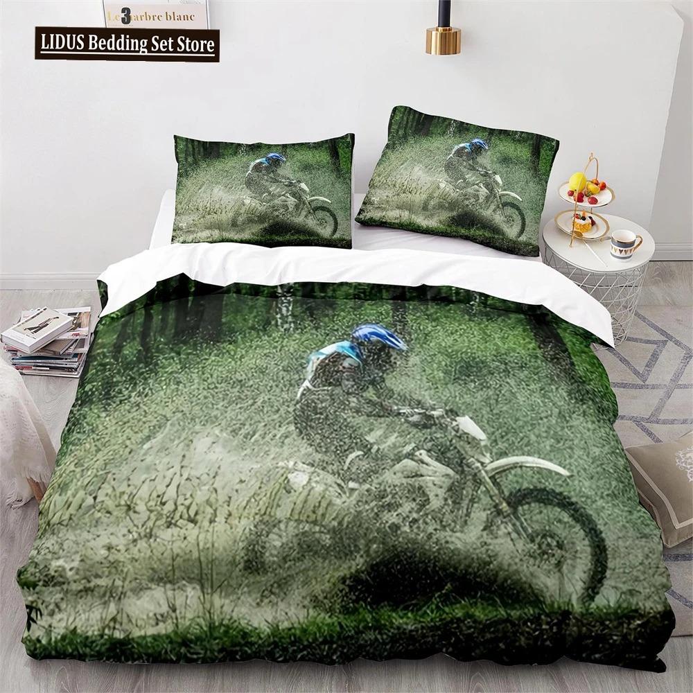 Dirt Bike Duvet Cover Set Motocross Rider Comforter Cover Motorcycle Extreme Sport Game Polyester Bedding Set For Kid Boys Teens