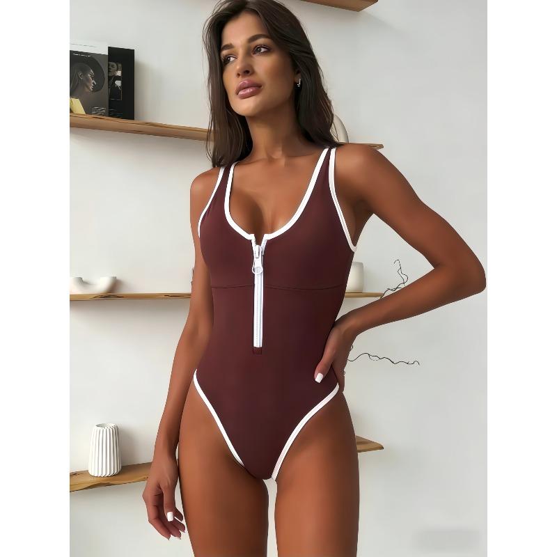 Модный сплошной купальник на молнии с высокой талией для женщин