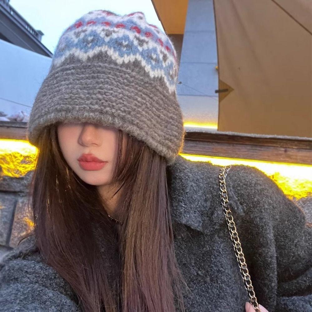 Warm Handmade Woolen Hat Autumn Winter Wool Knitted Hat Fashion Knitted Bucket Hat  Women