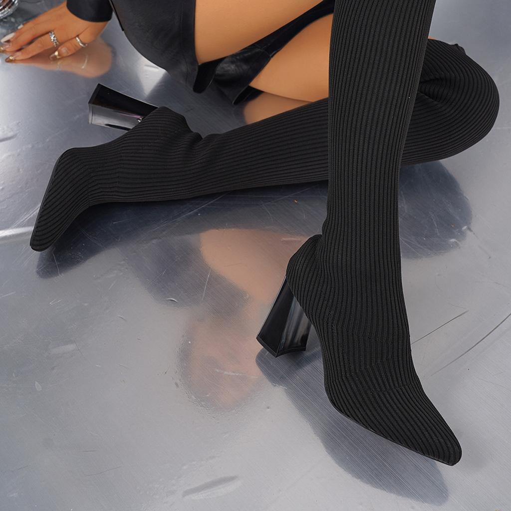 Женские сапоги Осенние эластичные сапоги до колена Женские черные удобные сапоги-трубы до бедра Модные дышащие туфли на каблуках для женщин