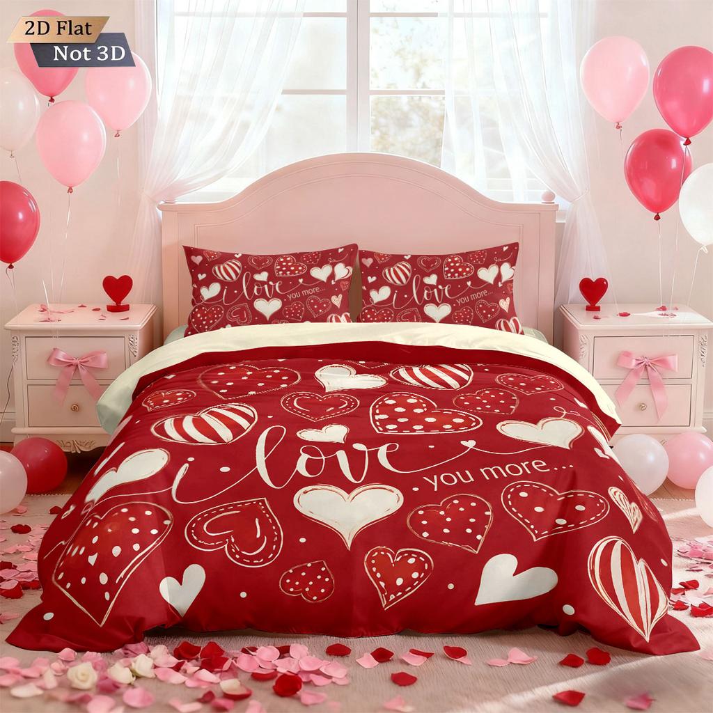3pcs Valentine's Day Romantic Red Love Printed Chipless Quilt Set Multi Size Bedroom Bedding Holiday Decoration Machine Washable