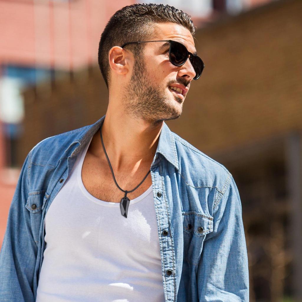 Obsidian Wolf Fang Amulet Good Luck Pendant Necklace Leather Chain [Coai] Men's