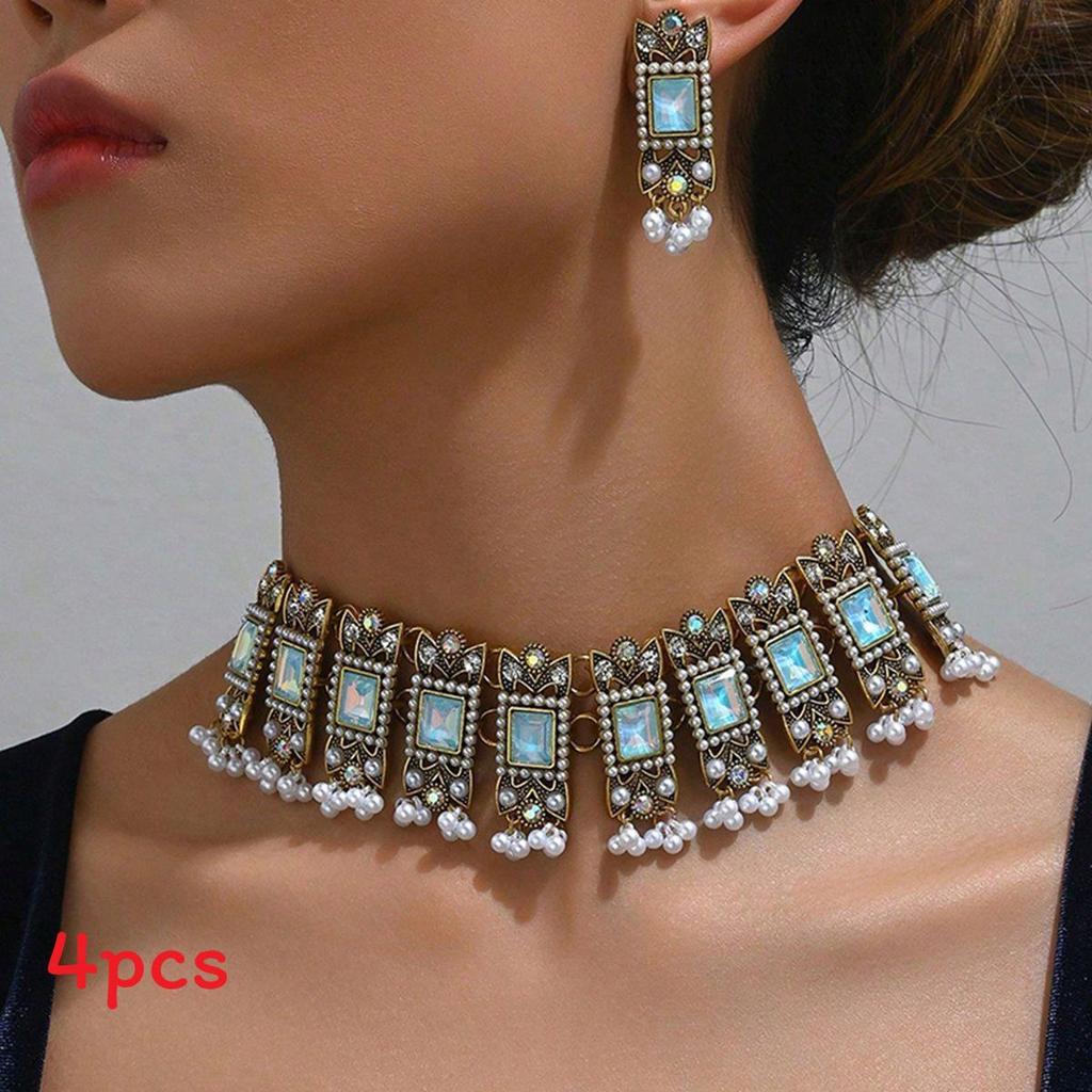 European Style Alloy Gemstone Necklace And Earrings Set With Artificial Pearl Dangles For Women