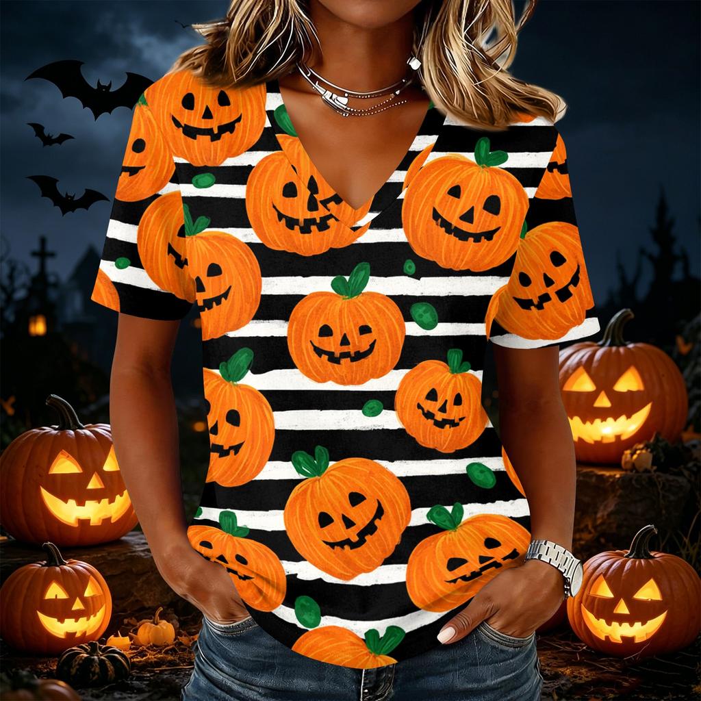 Womens Casual Short Sleeve Pullover Top V Neck Halloween Pumpkin Print Shirt Lightweight Comfortable Fit