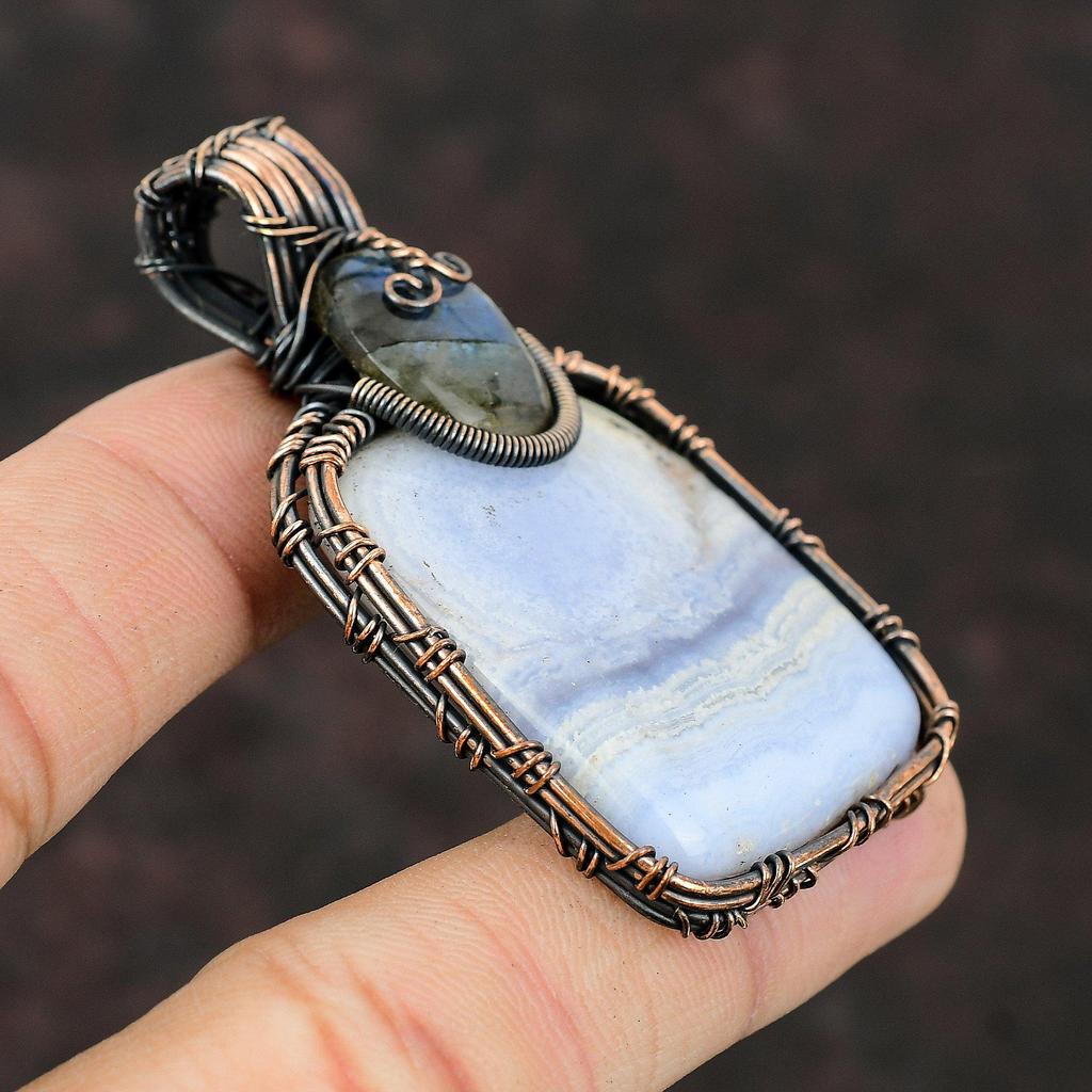 Синий кружевной кулон с агатом, медная проволока, кулон, ювелирные изделия из лабрадорита ручной работы, подарок для матери, драгоценный камень, проволока, ювелирные изделия, кулон с камнем