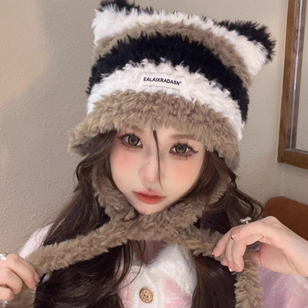Fashion Cat Ear Women Knitted Hat Contrast Stripe Thick Warm Winter Beanies Cap Ear Protection Windproof Pullover Hat
