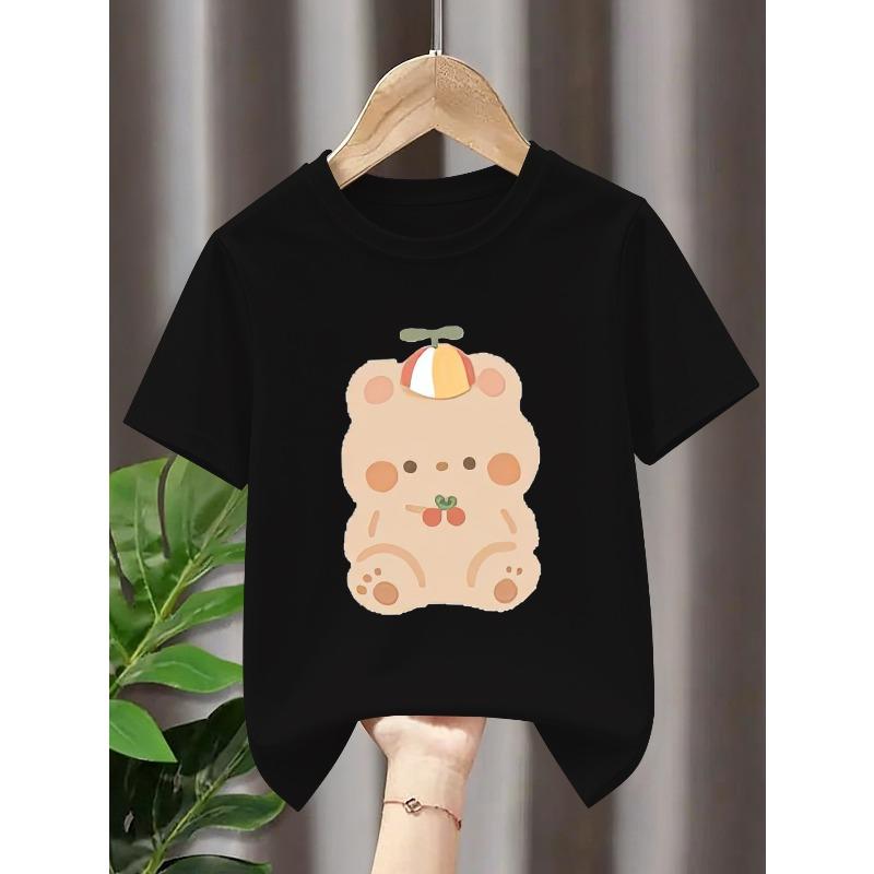 Kids Crewneck Short Sleeve T-Shirt, Soft Light Brown Bear with Striped Hat Cherry Mouth Gentle Soothing Graphic
