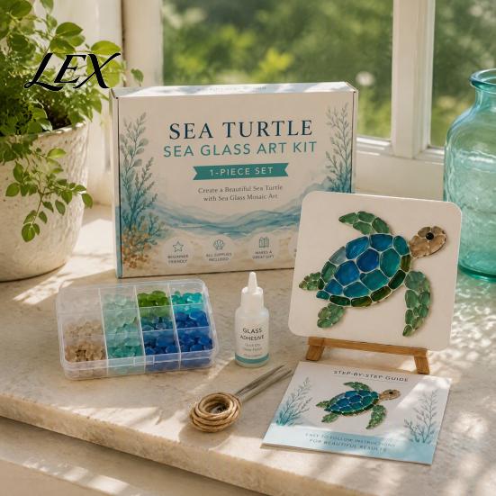 Garden Decoration Stones DIY Sea Glass Mosaic Art Kit, Ocean/Landscape Inspired Artwork Decorative for Patio with Colorful Pieces, Craft Set