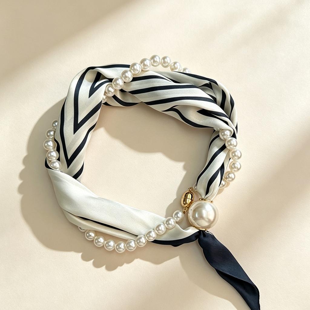 Spring and Summer French Light Luxury Small Square Scarf Pearl Necklace Magnetic Buckle Lazy Silk Scarf Women's Scarf Collarbone Chain Scarf