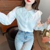 Весенняя мода Slim Fit Женские белые повседневные рубашки Кукольный воротник с длинным рукавом Кружевная женская блузка