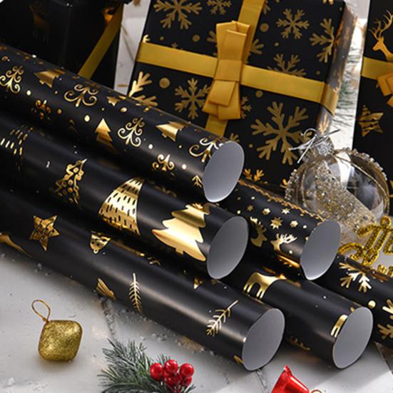Рождественская двусторонняя рулонная упаковочная бумага Черная Золотая фольга Дизайн Рождественская елка Снежинка Олень Подарочная упаковочная бумага 17" x 190" Джамбо рулон