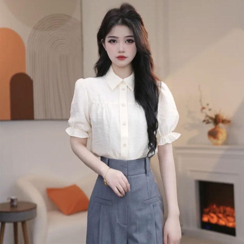 Shopping mall women's clothing 1116 summer versatile texture splicing lapel slim bubble sleeves short-sleeved shirt 111117