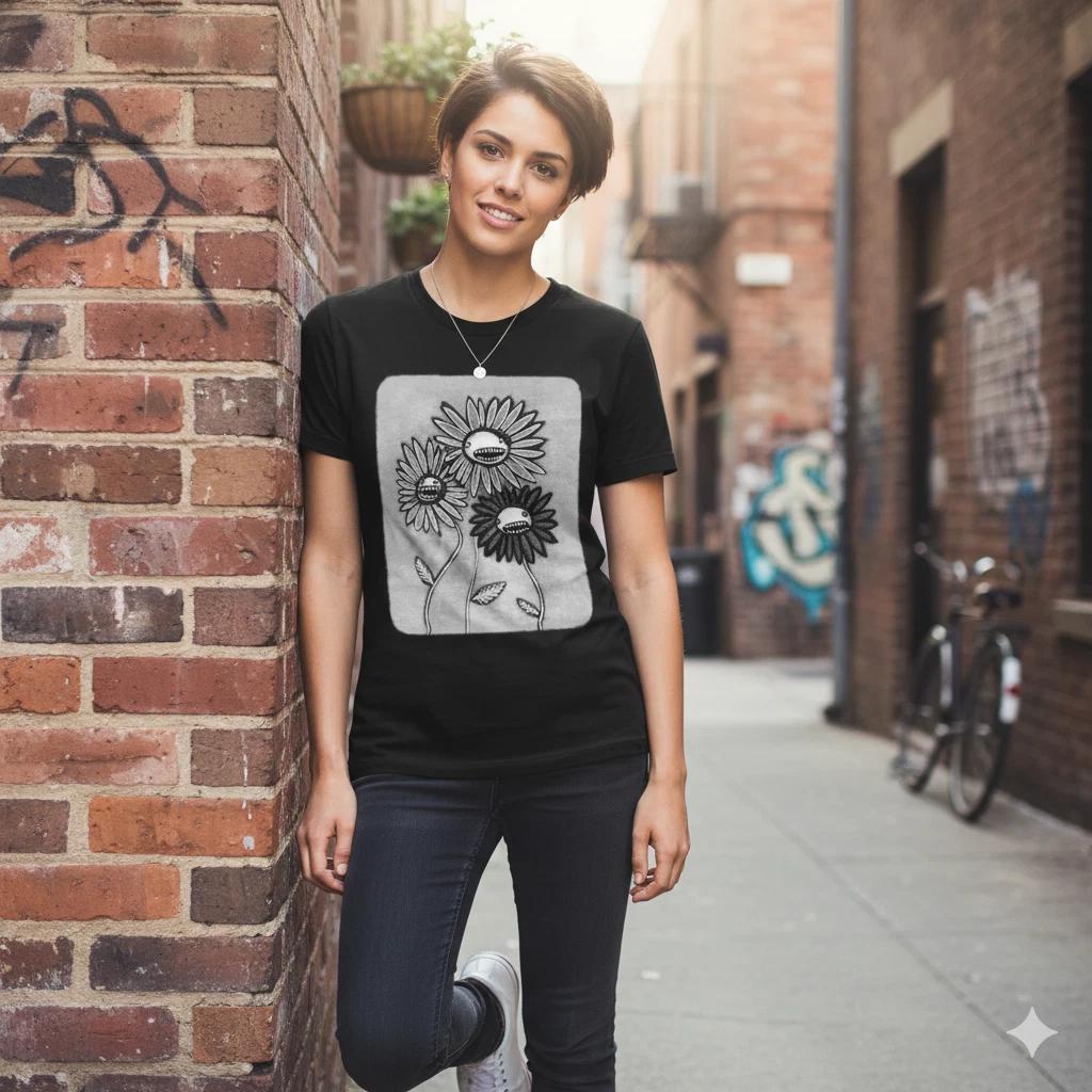 Men's and Women's T-shirts Creepy Smiling Flower Graphic