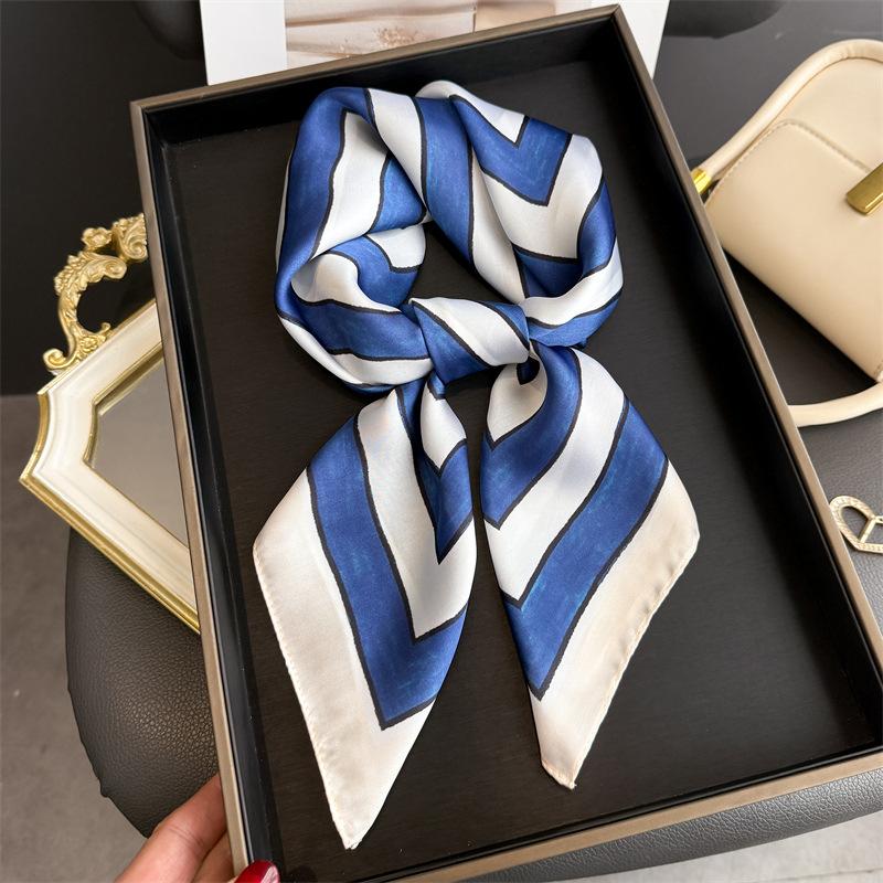 Luxury Stripe Print Women Silk Scarf Bandana Hair Bands Square Scarves Satin Smooth Summer Satin Hijab Wrap Headband Foulard