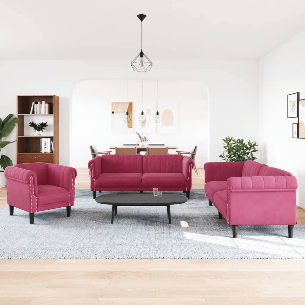 3 Piece Sofa Set Burgundy Velvet