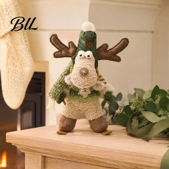 Indoor Christmas Party Supplies Green Plush Figurines, Skiing Snowman Reindeer Stuffed Doll, Fabric Seasonal Gift Items for Friends Xmas Tabletop