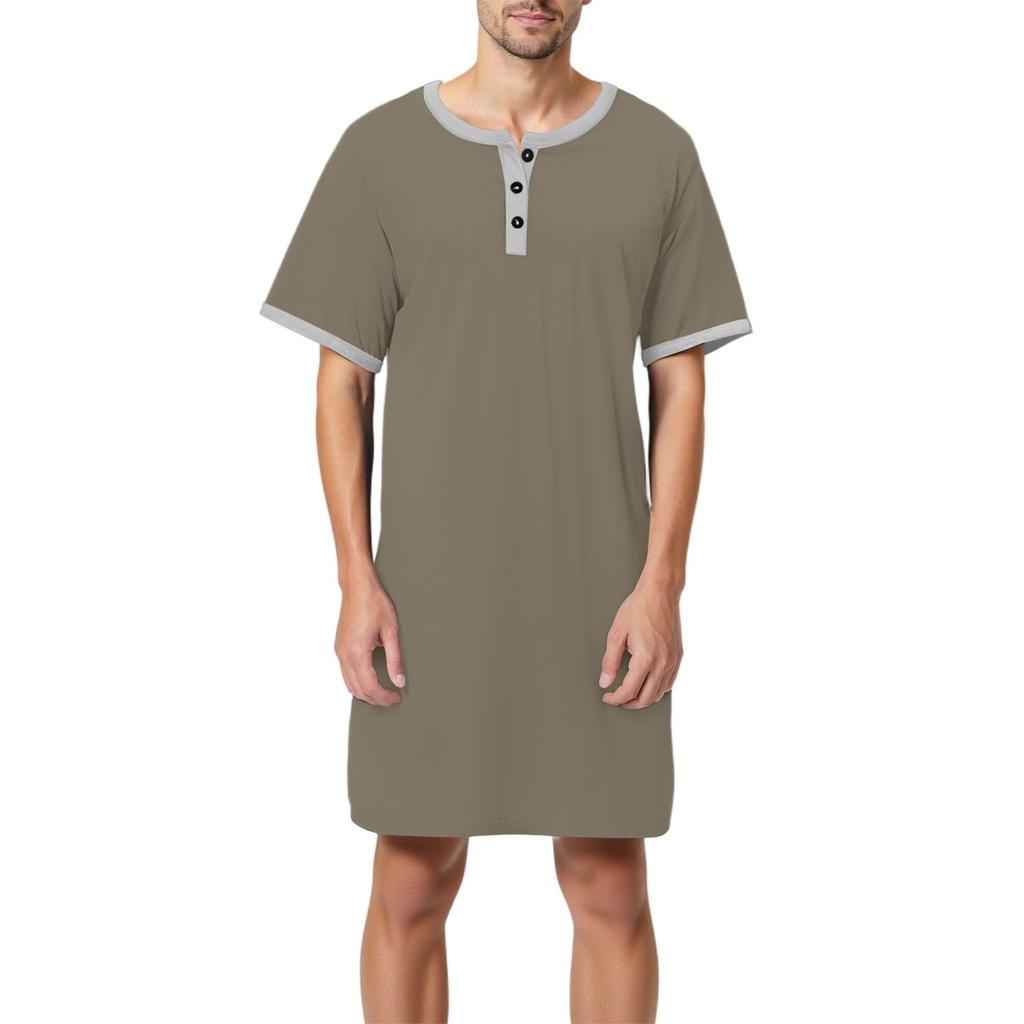 Men's Solid Color Cotton Short-sleeved Pajamas Button-down Collar Long Loose Pajamas Home Clothes