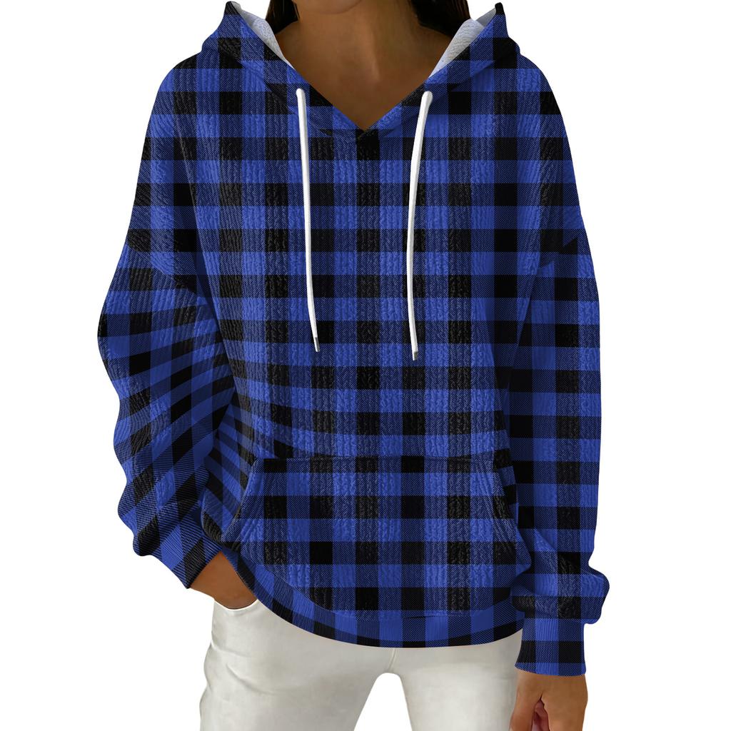 Women's Fashion Casual Plaid Print Pullover Long-Sleeve Hooded Sweatshirt