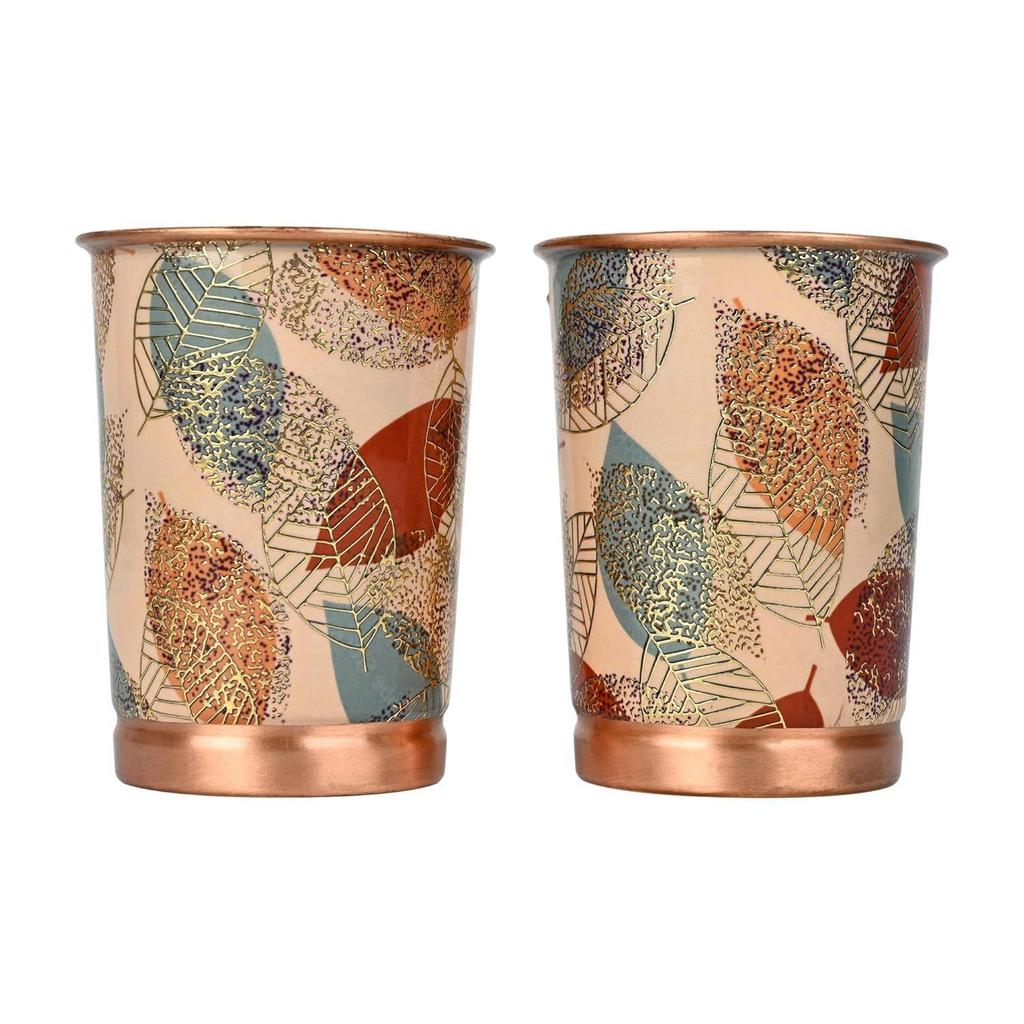 India Copper Premium Yellow Gold Leaf Design Set of Two Glass with Elegant Gift Box, 250 ML