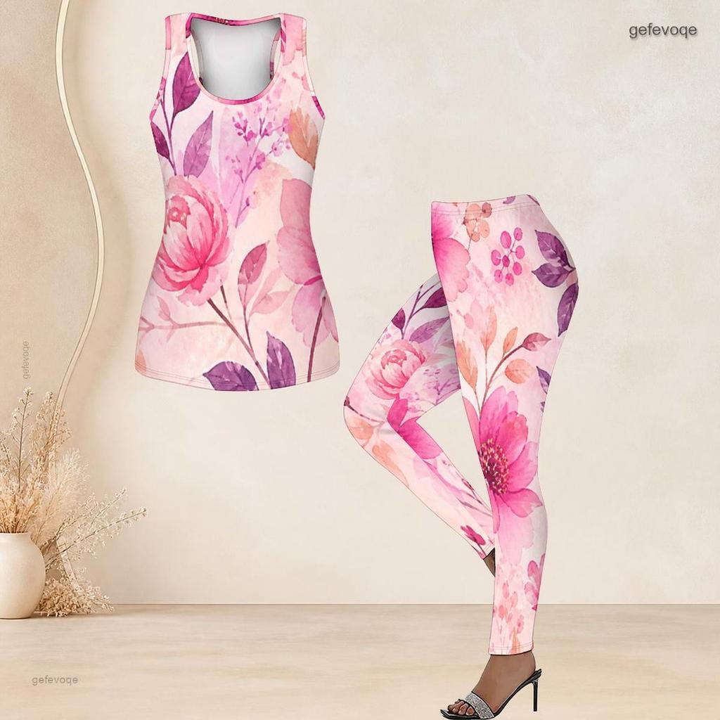 Women Plus Size Two Piece Set Scoop Neck Sleeveless Floral Printed Tank Top And Fitted White Yellow Pants