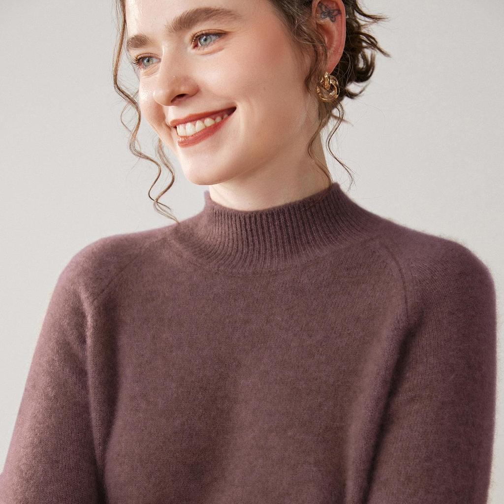 Women's 100% Pure Cashmere Soft Knit Sweater, Half-High Neck, Loose, Skin-Friendly, Slimming Base Layer