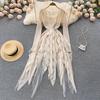 Round Neck Long Sleeve Lace Up Waist Irregular Fluffy Big Swing Princess Style Long Dress 2022 Spring New