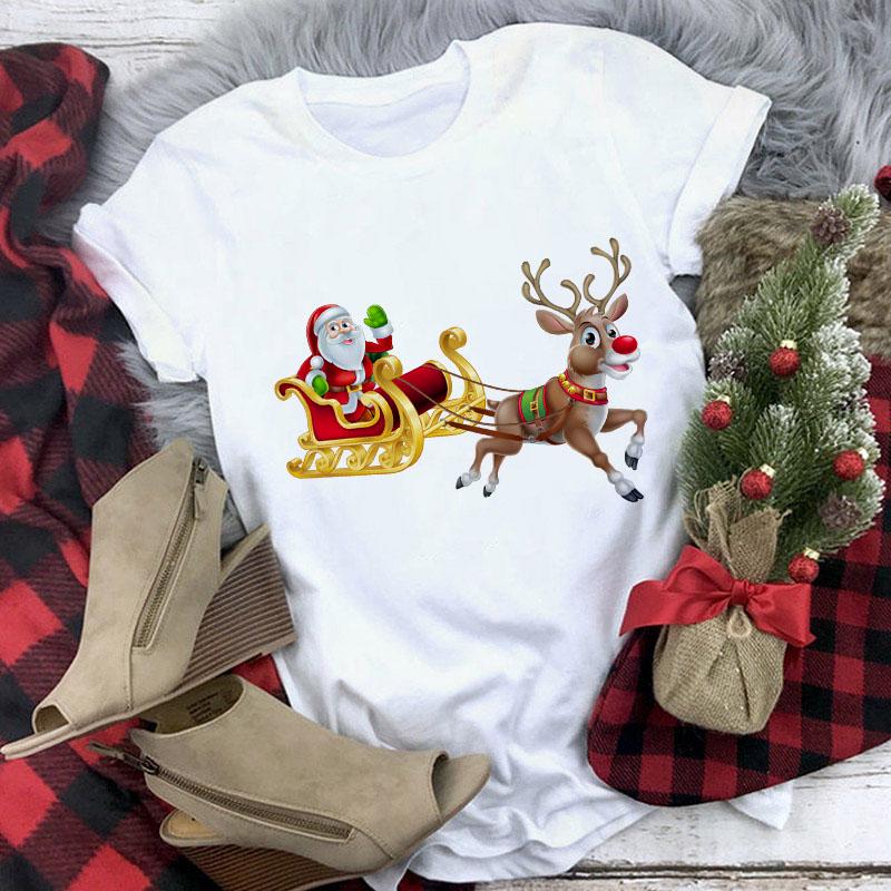 Cute Reindeer T Shirt Women Fashion Christmas Harajuku Short Sleeve T Shirt White Suitable All Seasons