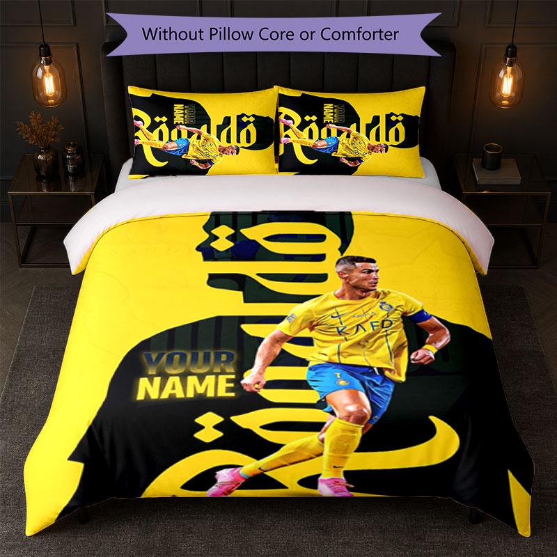 Cristiano Ronaldo Custom Name Text Bedding Set 1 Duvet Cover+2 Pillowcases Soccer Logo Personalized Gift For Special Occasion Bedroom Decor