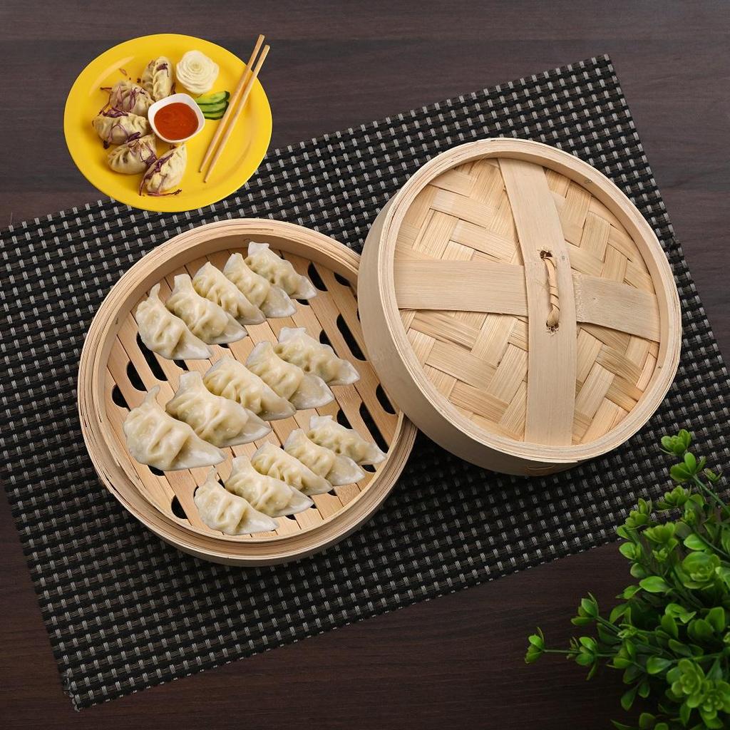 ABHAS® 8-Inch Handcrafted Bamboo Basket Steamer | Multipurpose Wooden Basket for Momo, Dimsum, Fruits & Vegetables.