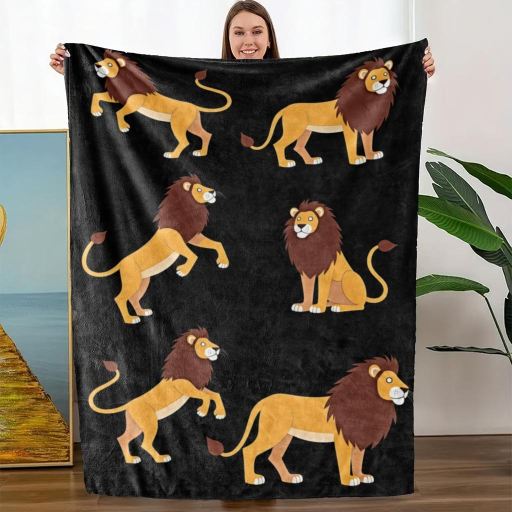 A Comfortable Cartoon Lion Theme Patterned Flannel Blanket, Soft High-Definition Digital Print, Suitable for All Seasons, Made