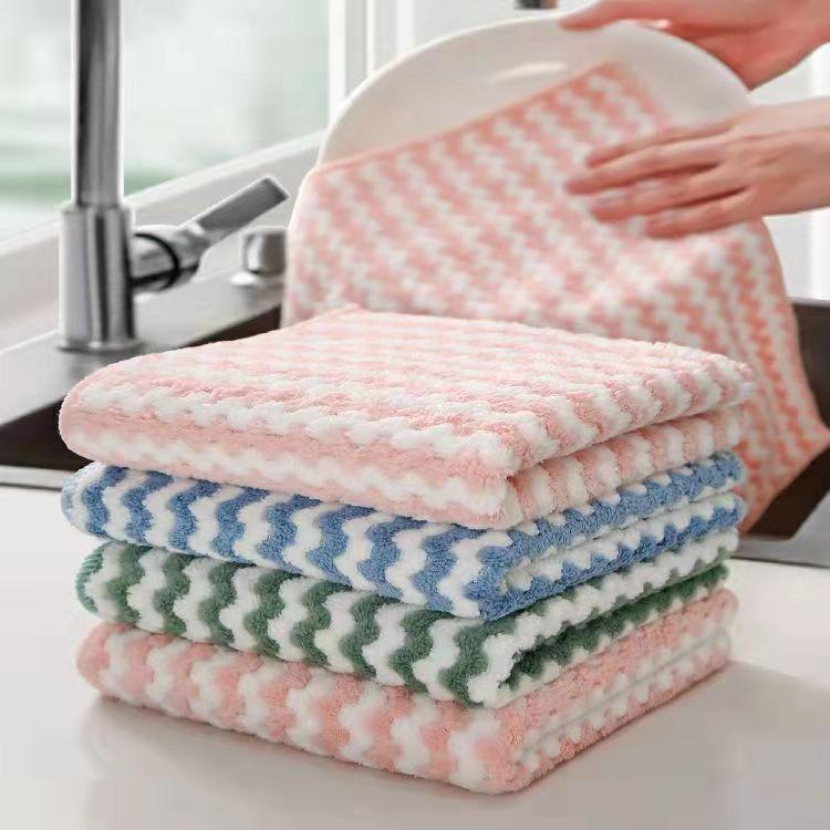 Thickened Coral Fleece Cloth Wave Striped Cleaning Cloth Home Kitchen Cleaning Supplies Absorbent Cloths Dishwashing Cloths