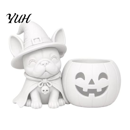 Halloween Party Table Decor French Bulldog Witch Statue, 3D Printed Pumpkin Candle Holder, Desktop Decoration Cute Dog Figurine Tabletop for
