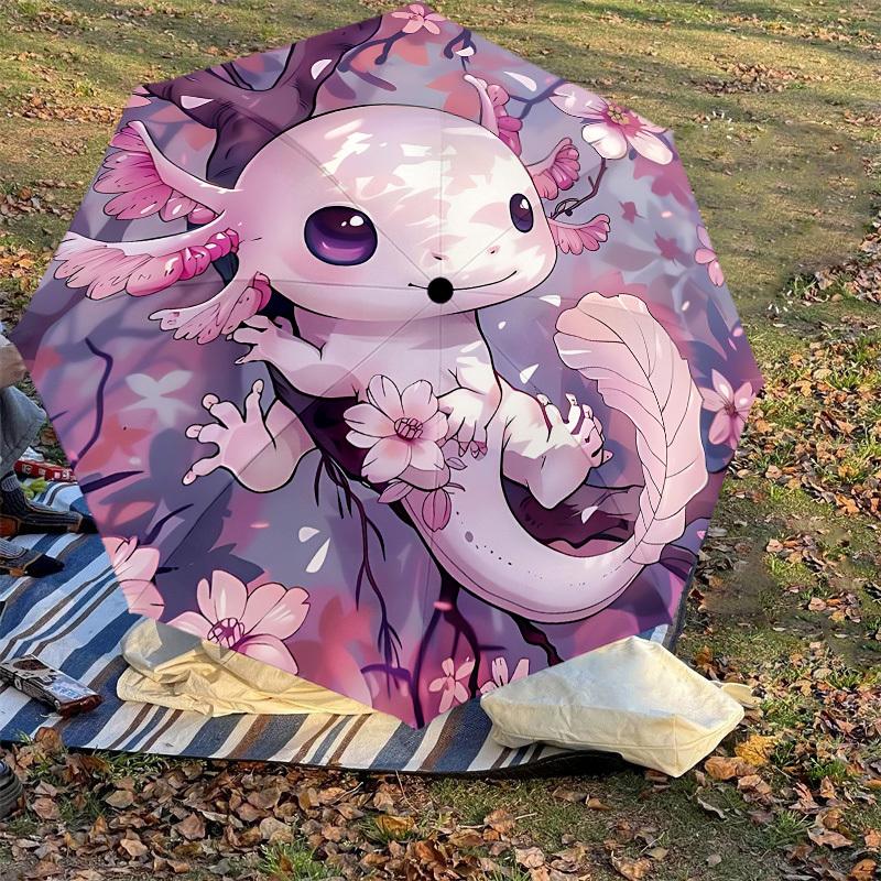 1PC Axolotl Sakura Automatic Open/Close Umbrella with Windproof, 8-Rib Sturdy Canopy, Durable Ribs, Fashionable Design, Outdoor Accessory, Fun Prin, H
