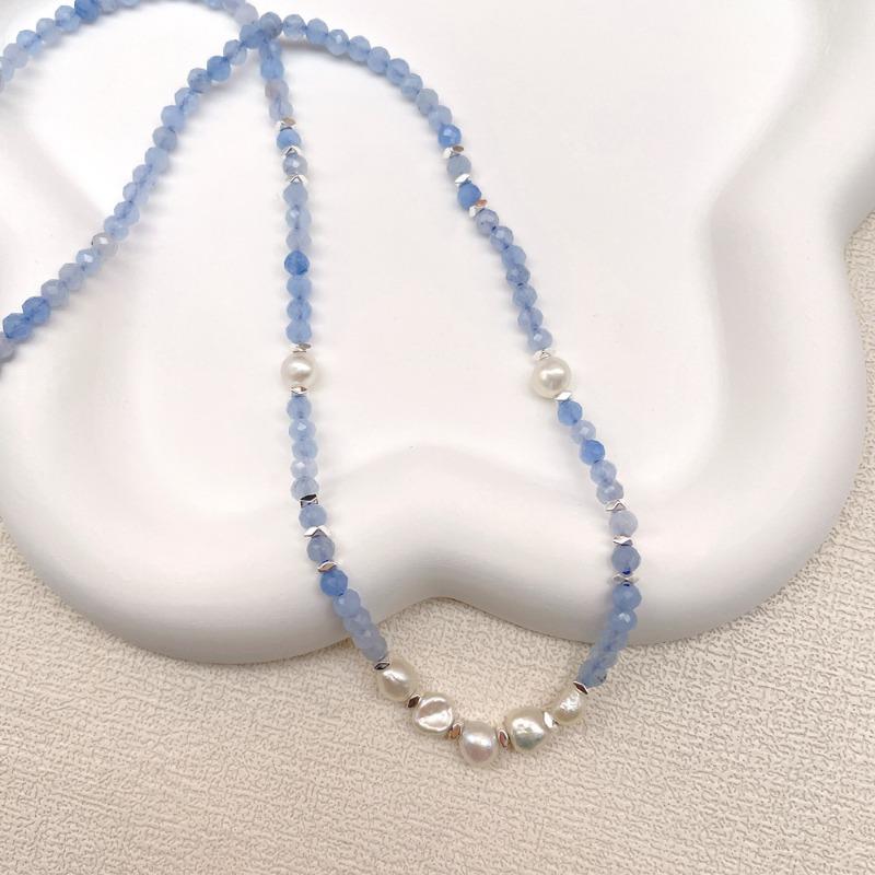 Natural aquamarine crushed silver baroque freshwater pearl necklace - versatile for everyday wear