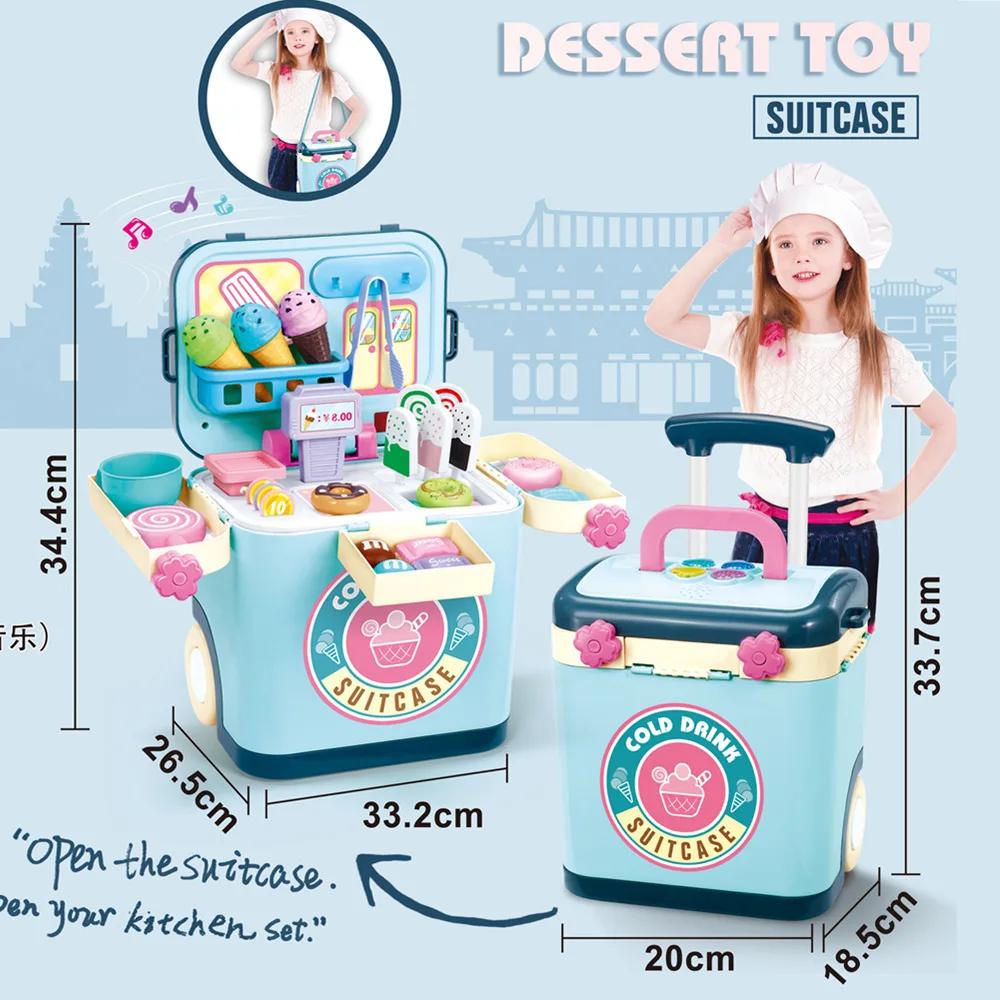 Ice Cream Shop Pretend Play Set Suitcase Cart Toys for Kid Dessert Doctor Play Set with Storage Trolley Table Gift for Boy Girl