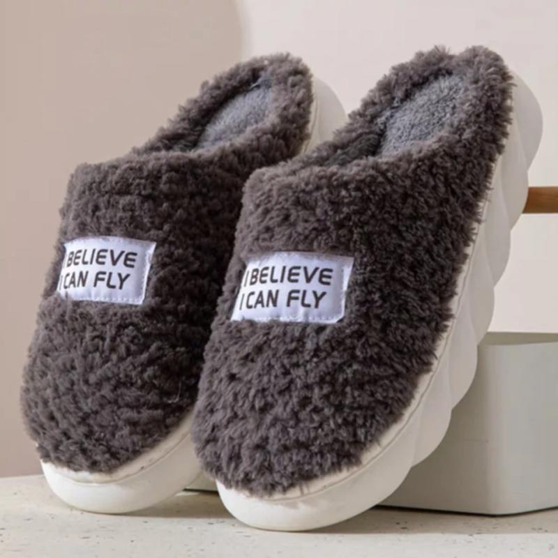Women Men Thick Sole Slippers Indoor House Shoes Winter Platform Warm Fluffy Fur Cotton Slides Ladies