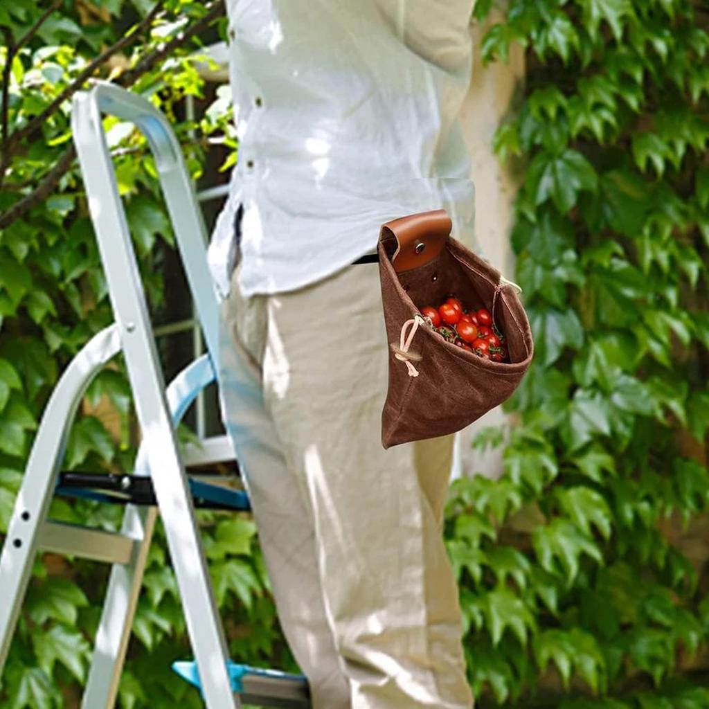 Outdoor Foraging Bag Waxed Canvas Collapsible Foraging Pouch Fruit Picking Storage Bags Leather Belt Waist Hanging Tool Bag for Travel Camping Hiking