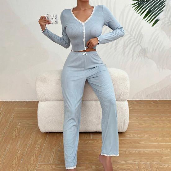 Womens Lace Trim Ribbed Knit Pajamas Set Long Sleeve Crop Top Wide Leg Pants Lounge Set 2 Piece Pjs Sleepwear