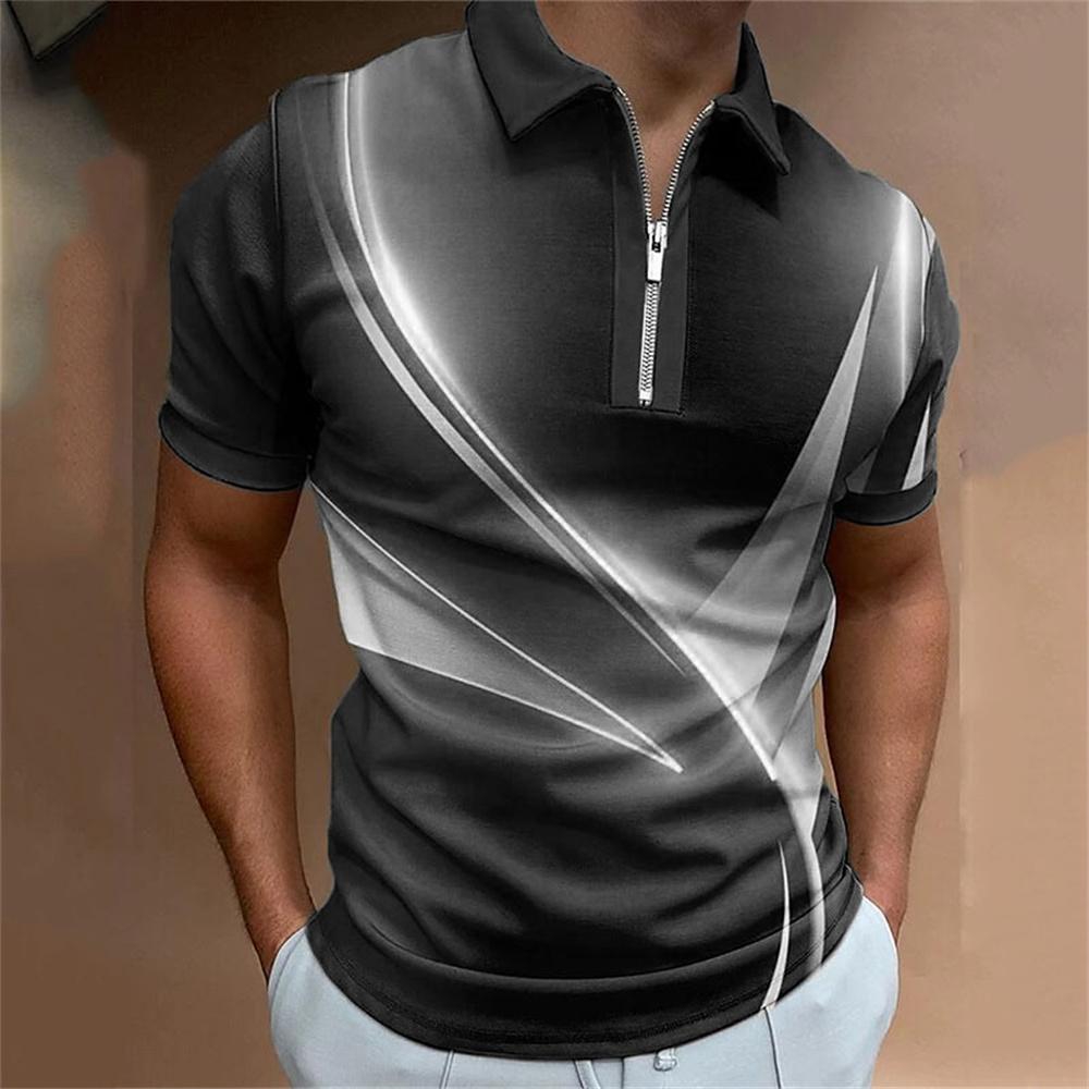 Men's Colorful Striped Printed T-shirt, Zipper, Men's Casual Top, Golf Clothing, Simple and Fashionable Polo, Summer