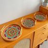 1Pc Nordic Style Rattan Handmade Creative Color Printing Picnic Decoration Ornaments Round Handle Breakfast Tray
