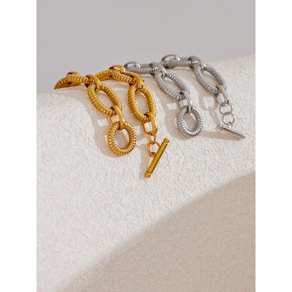 Yhpup Браслет-Браслет из Нержавеющей Стали 316L с Металлической Текстурой, Овальная Цепь, Мужской Женский, Покрытие PVD 18K, Застежка-Тогл, Заявление Украшение