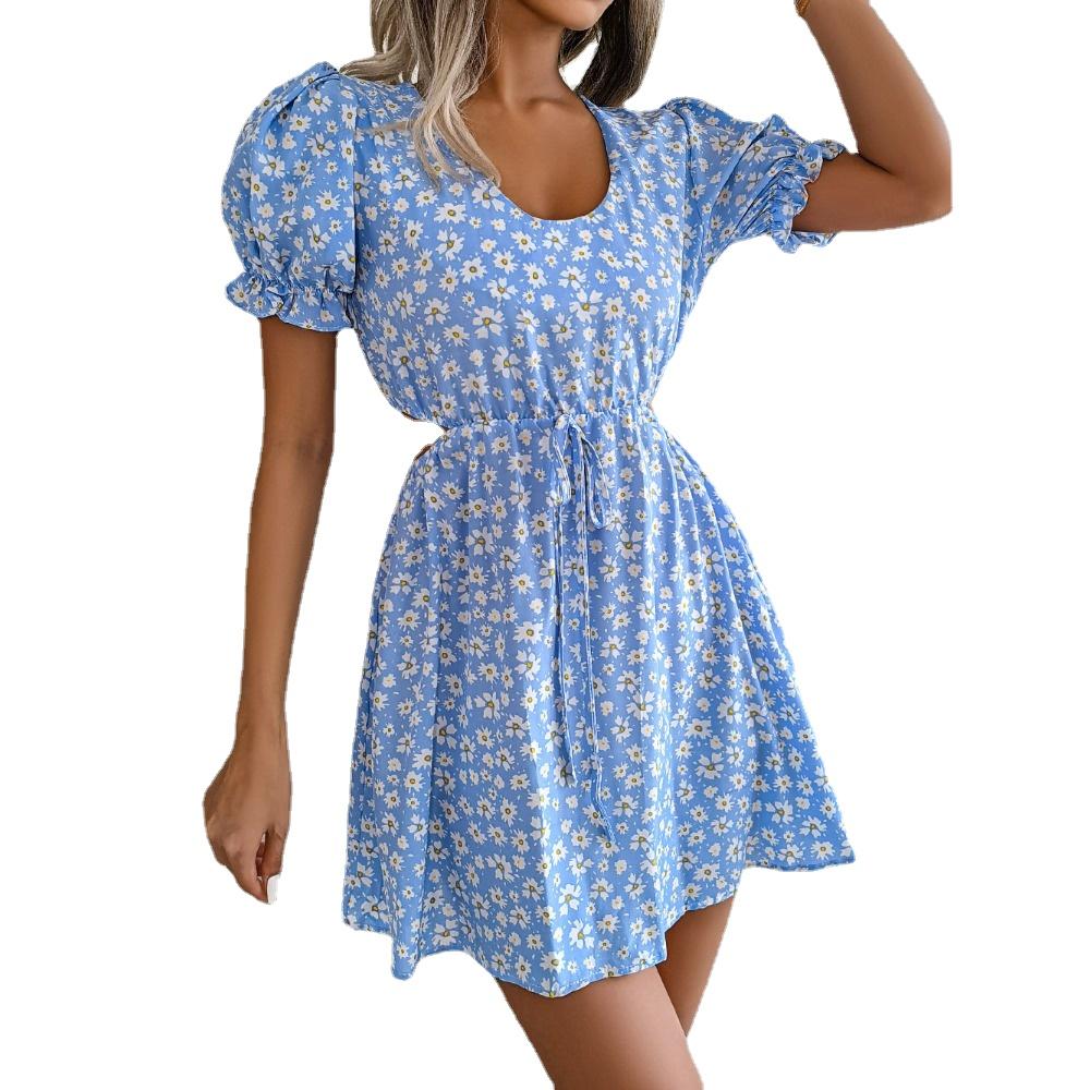 GMXIA Весенне-летнее повседневное платье с вырезом на шнуровке и коротким рукавом с цветочным принтом для женщин, юбка